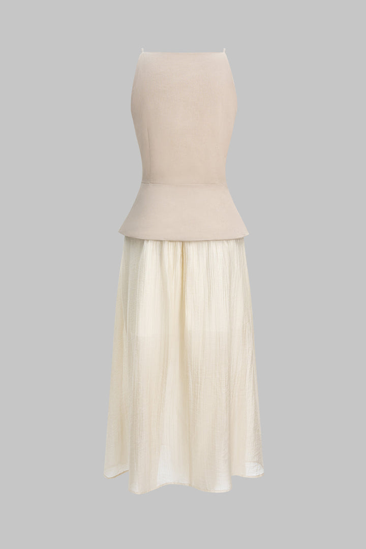 Fake Pocket Patchwork Button Ruched Sleeveless Maxi Dress