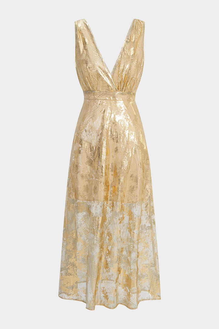 Metallic Print Deep V-Neck Slip Long Sleeve Maxi Dress