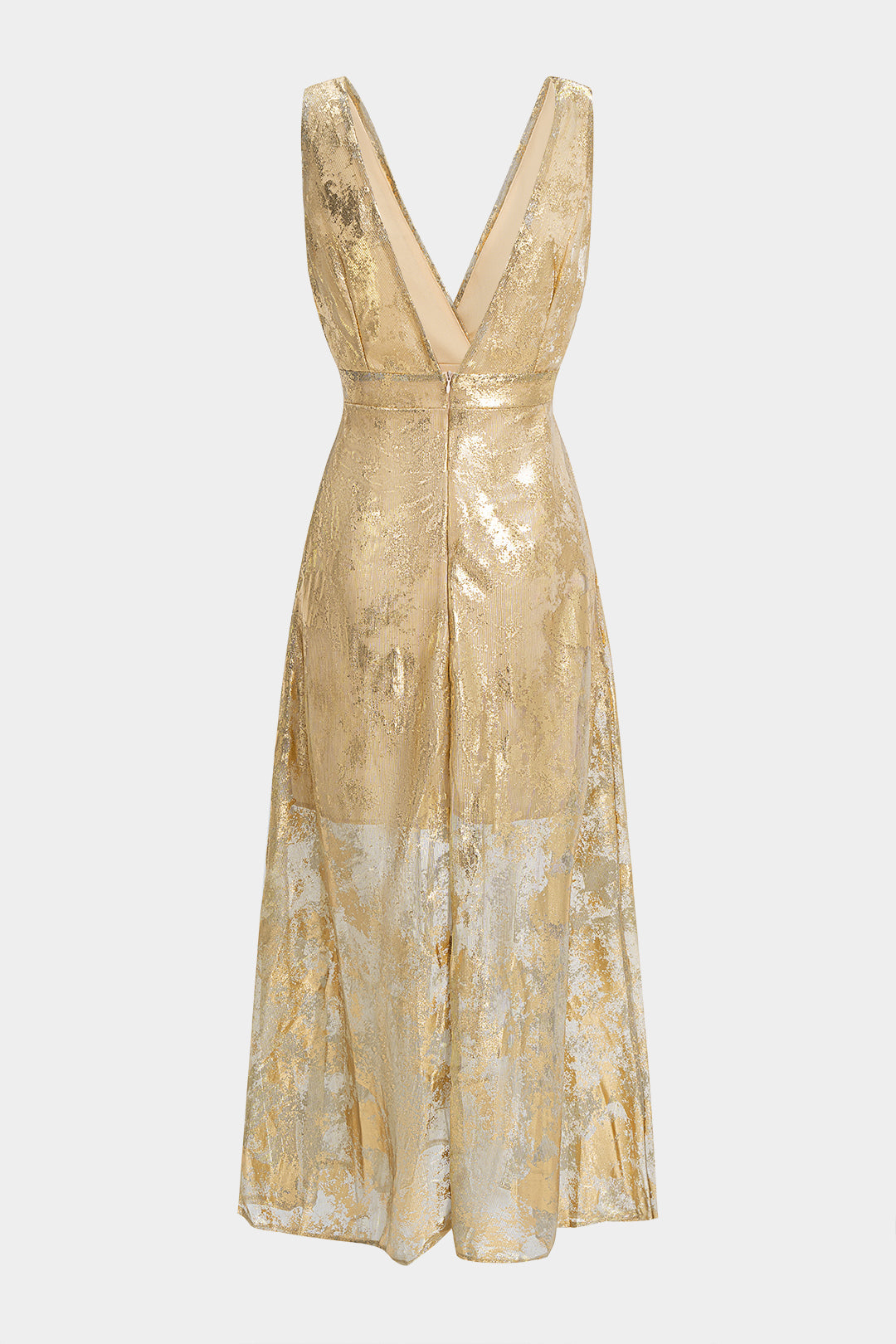 Metallic Print Deep V-Neck Slip Long Sleeve Maxi Dress