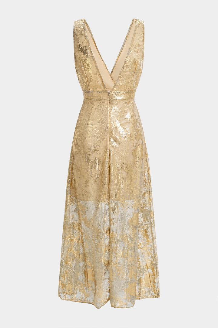 Metallic Print Deep V-Neck Slip Long Sleeve Maxi Dress