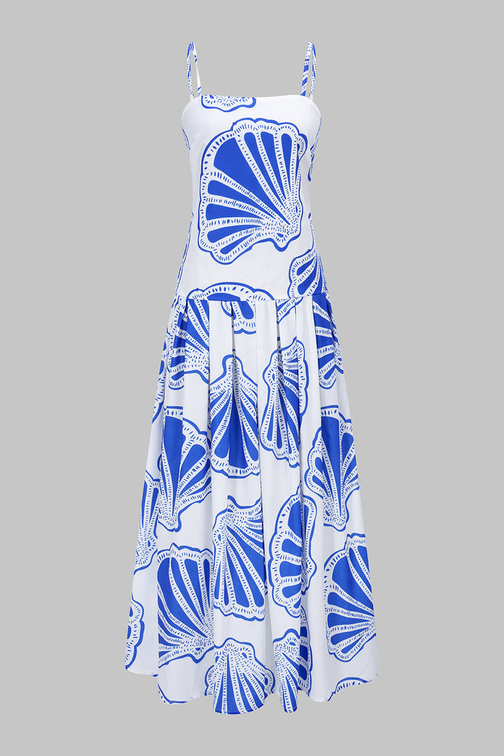 Shell Print Pleated Sleeveless Maxi Dress