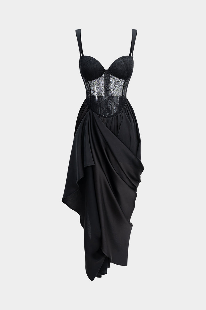 Satin Patchwork Ruched Asymmetrical Sleeveless Maxi Dress