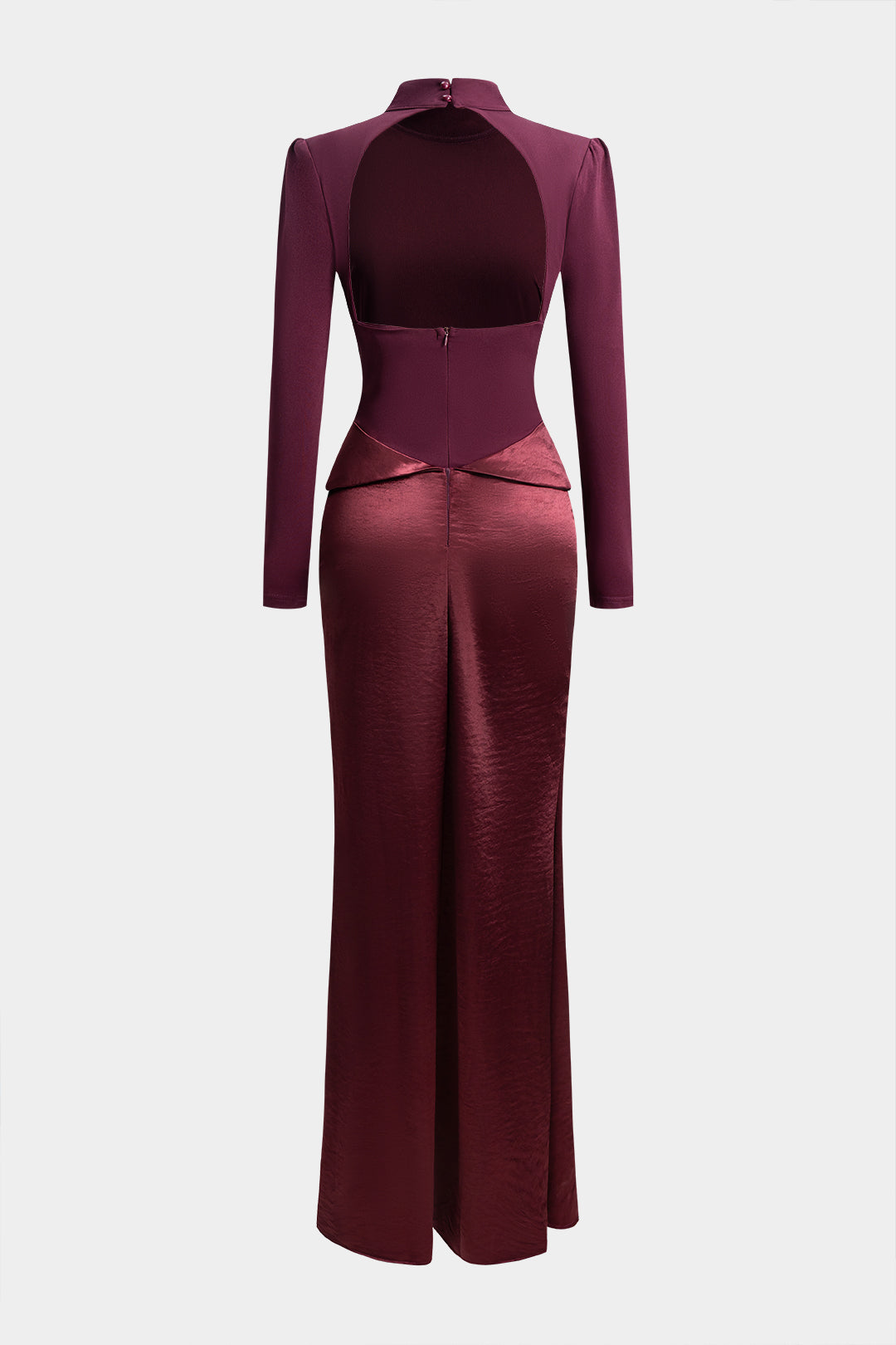 Satin Patchwork Mock Neck Backless Long-Sleeve Maxi Dress