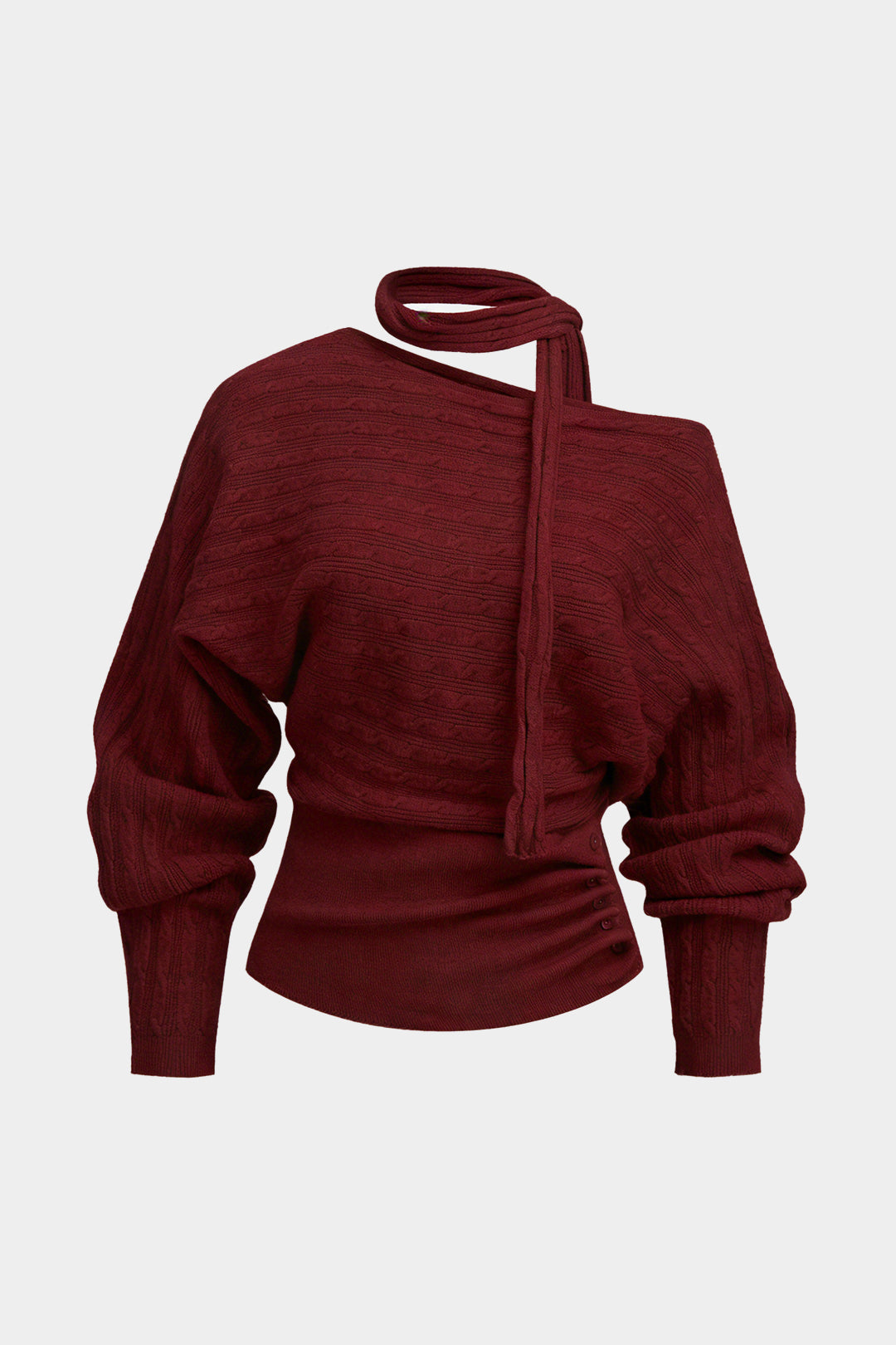 Cable Knit Asymmetrical Button Long-Sleeve Top