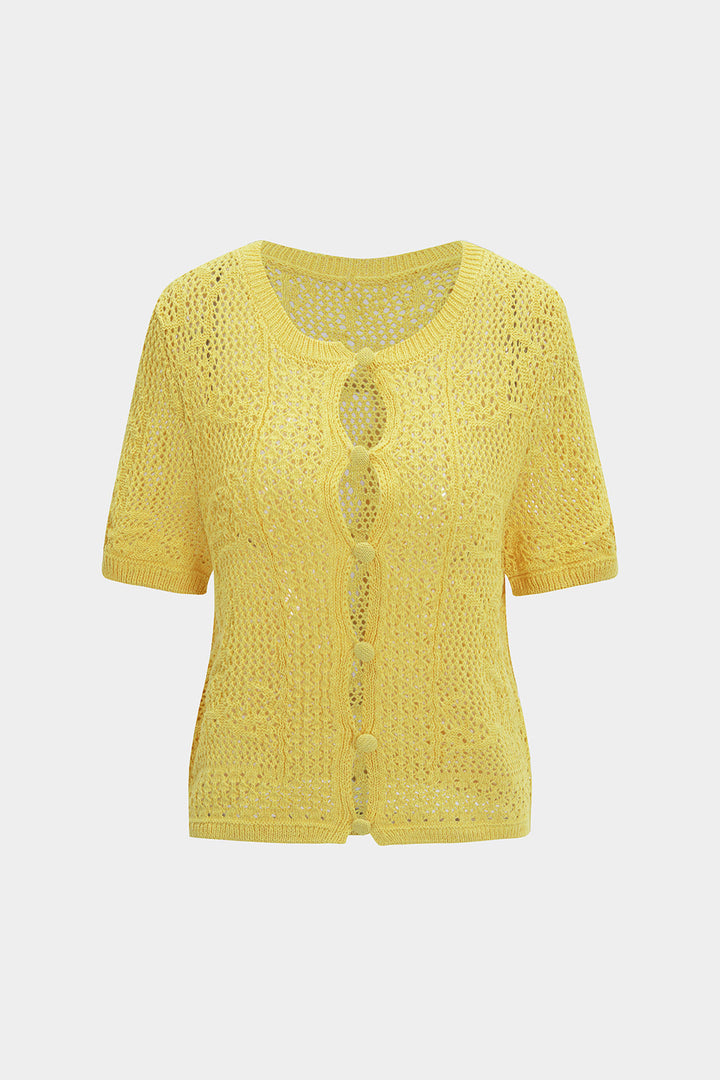 Knit Hollow Out Button Short-Sleeve Top