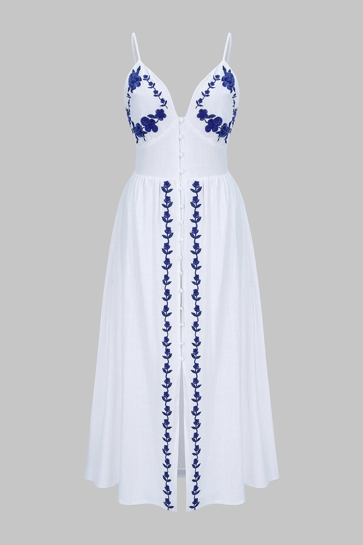 Contrast Embroidery V-Neck Sleeveless Maxi Dress