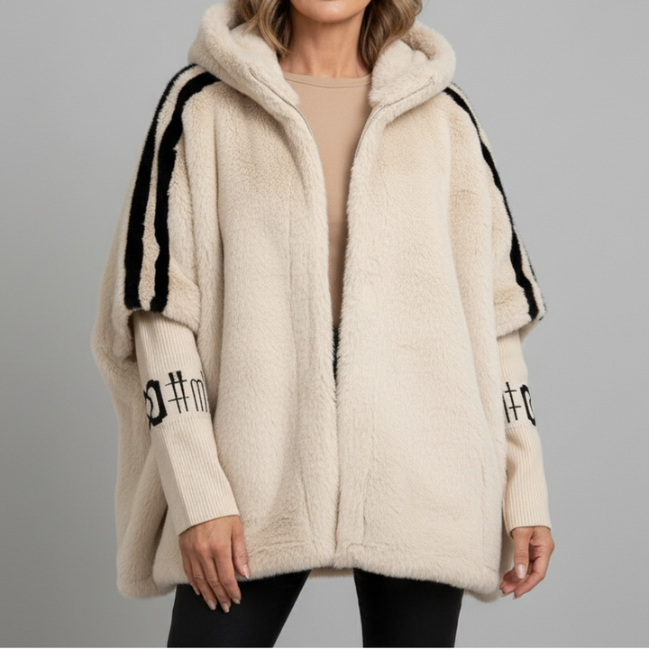 Gladys™ | Striped-sleeve hooded faux-fur coat