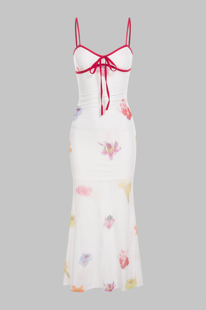 Contrast Floral Print Mesh Tie-Up Sleeveless Maxi Dress