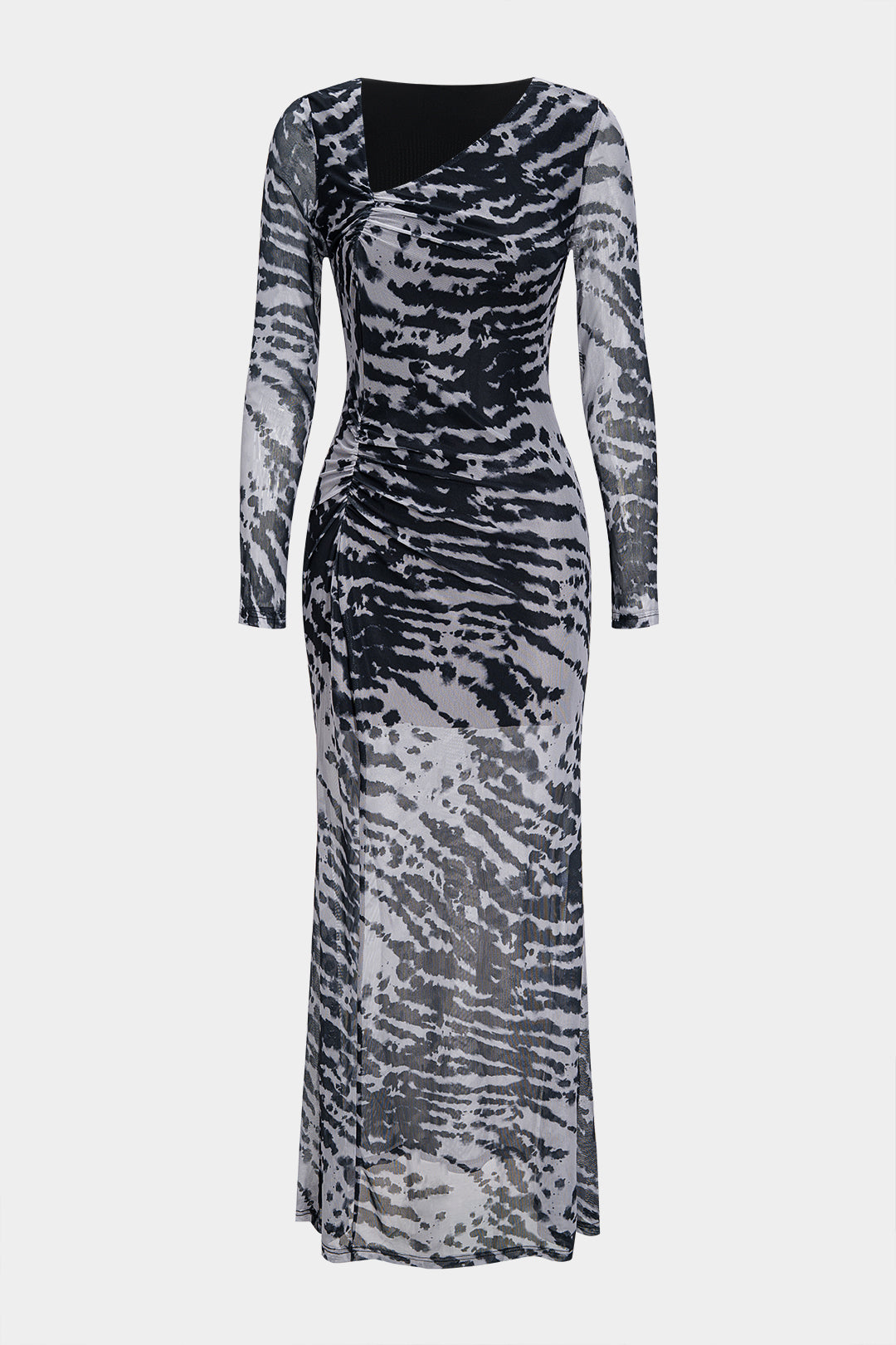 Contrast Print Mesh Ruched Long Sleeve Maxi Dress