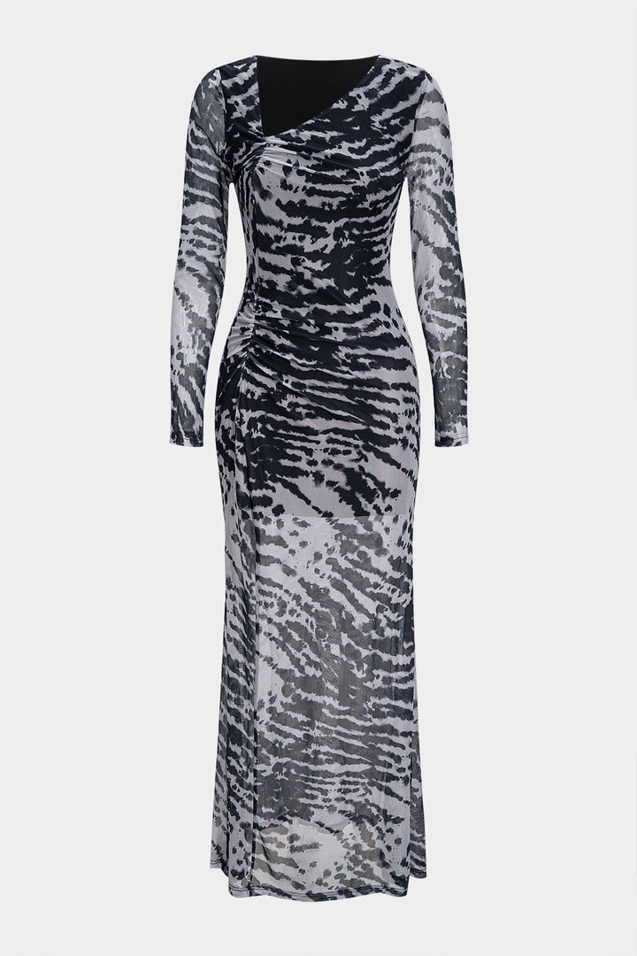 Contrast Print Mesh Ruched Long Sleeve Maxi Dress