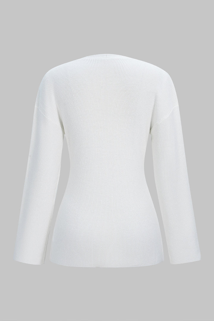 Knit V-Neck Button Long-Sleeve Top