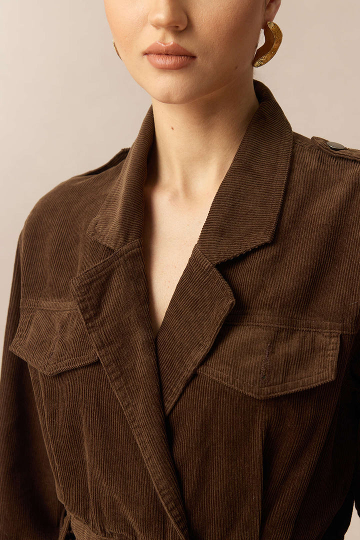 Corduroy Notched Lapel Button Pocket Belted Long Sleeve Dress
