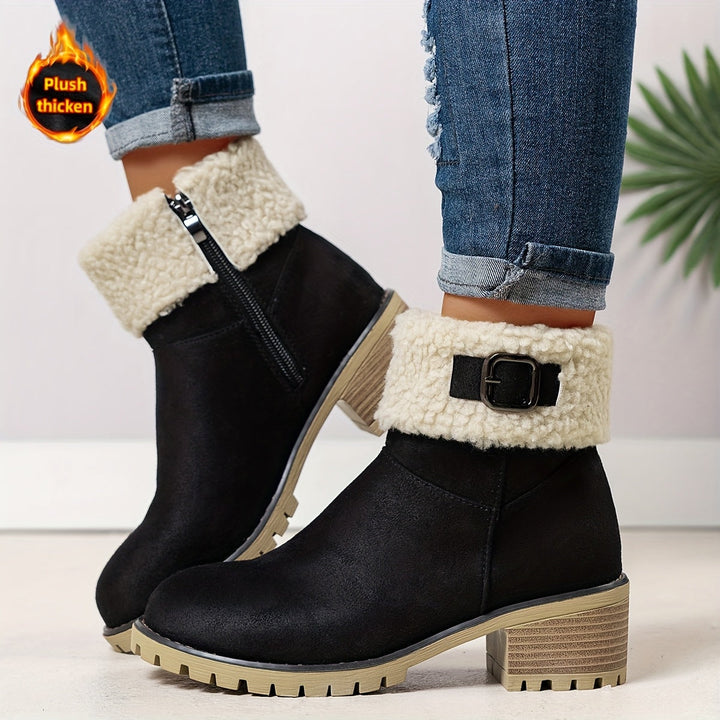 Mirella™ | Sherpa-cuff buckled side-zip heeled ankle boots