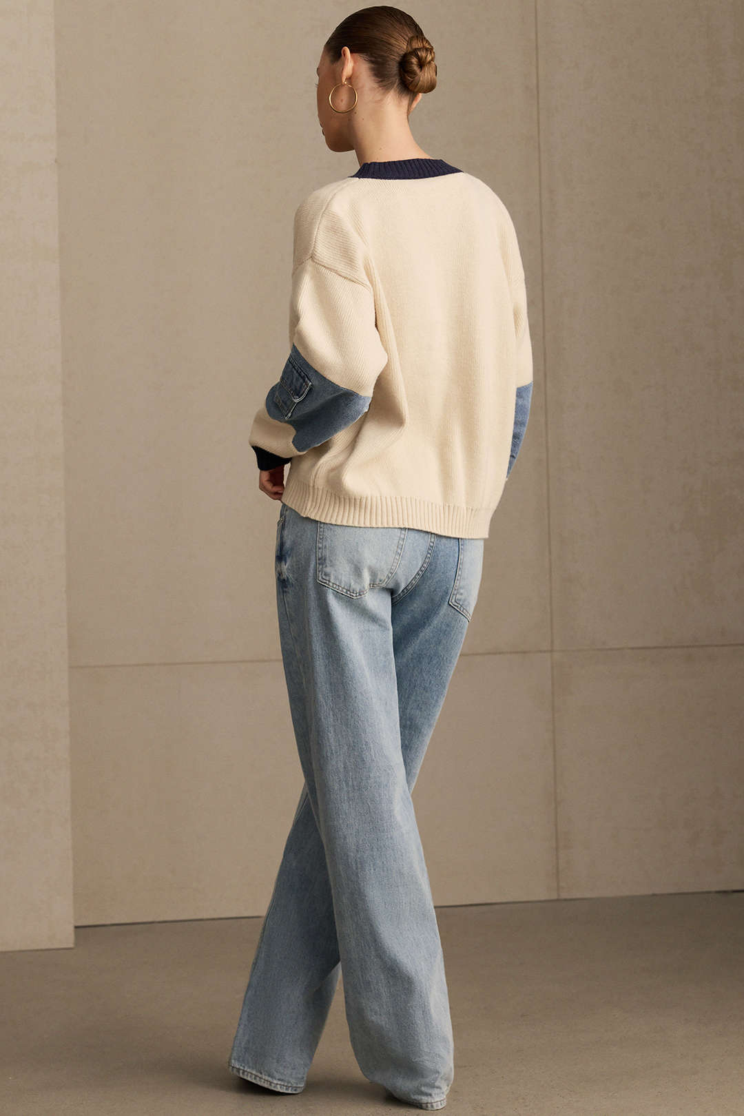 Knit Denim Patchwork Contrast Ribbed Long-Sleeve Top