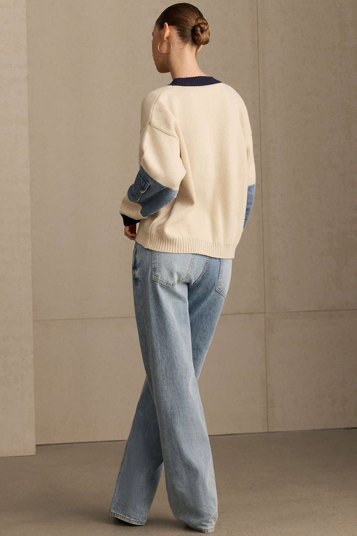 Knit Denim Patchwork Contrast Ribbed Long-Sleeve Top