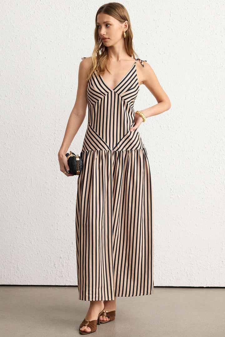 Stripes Print V-Neck Tie-Up Sleeveless Maxi Dress