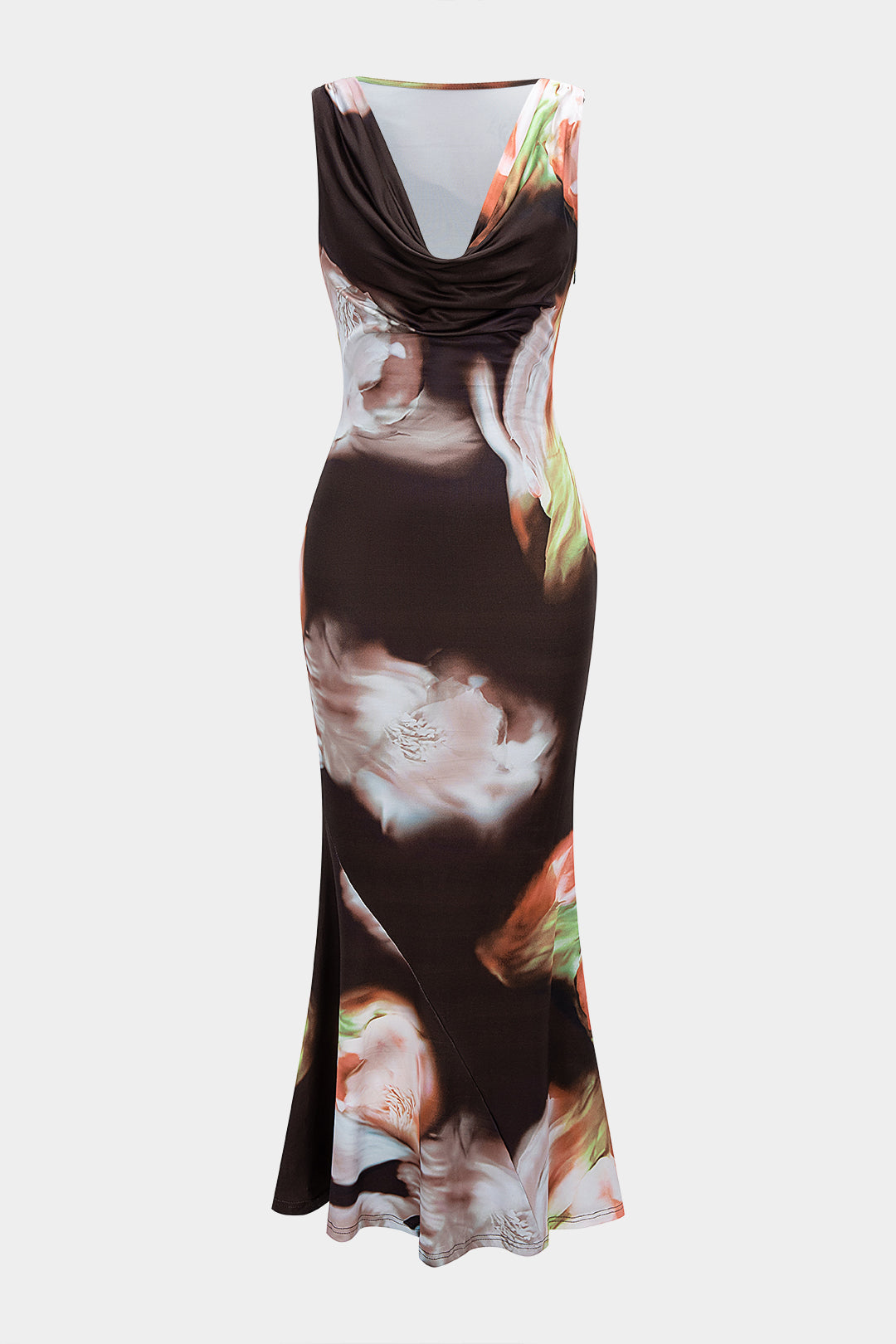 Floral Print Draped Cowl Neck Sleeveless Maxi Dress