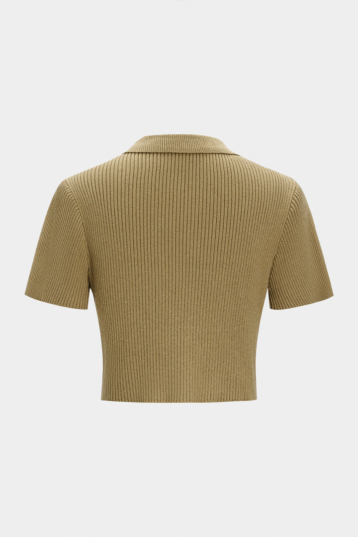 Knit Contrast Asymmetrical Metallic Button Short-Sleeve Top