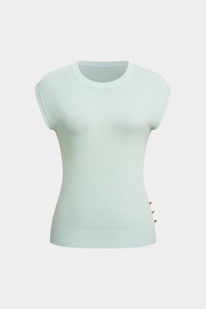 Knit Round Neck Metallic Button Tank Top