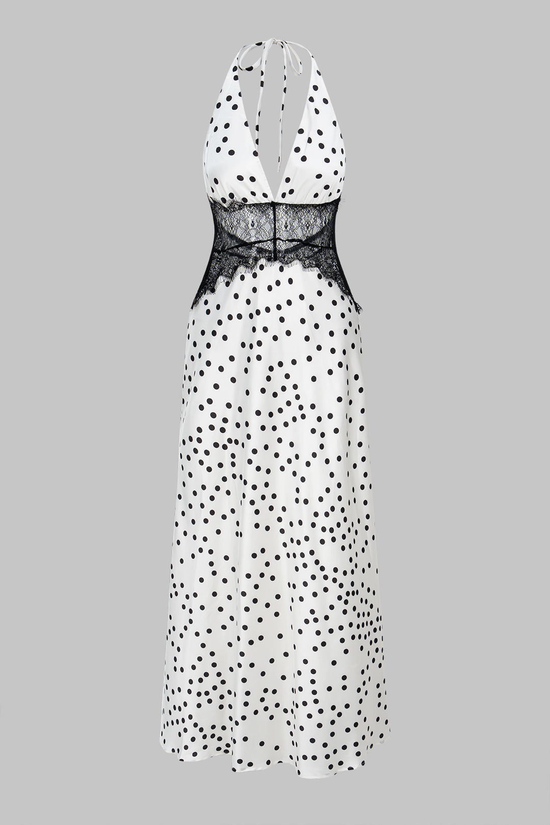 Polka Dots Print Satin Patchwork Lace Halter V-Neck Backless Sleeveless Maxi Dress