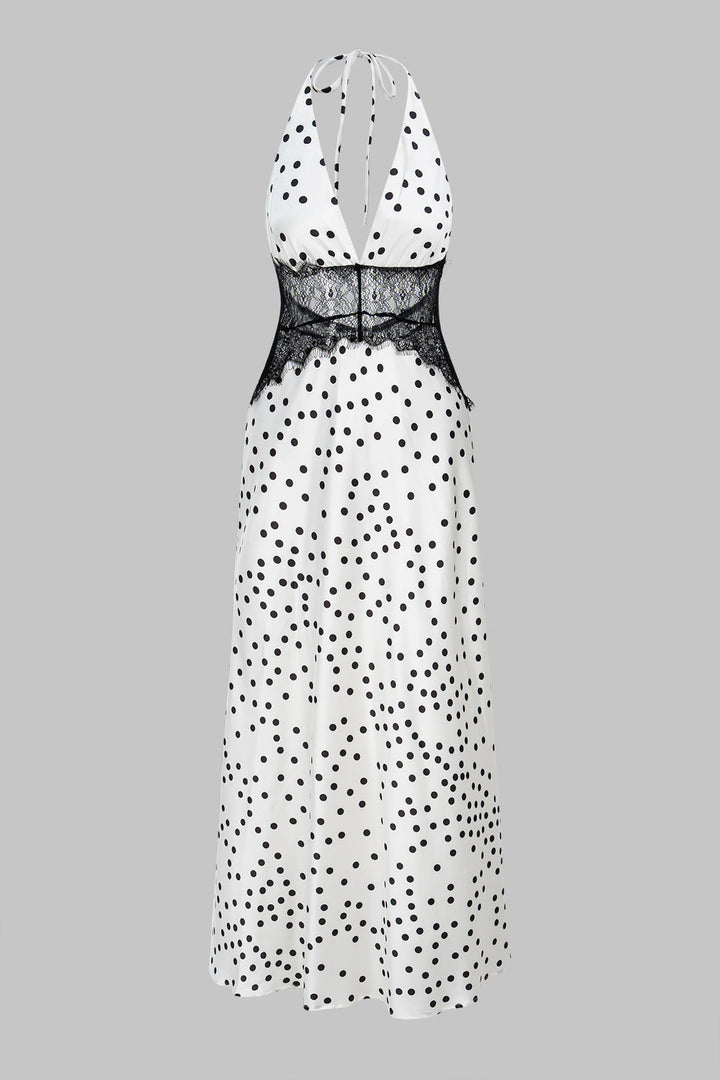 Polka Dots Print Satin Patchwork Lace Halter V-Neck Backless Sleeveless Maxi Dress