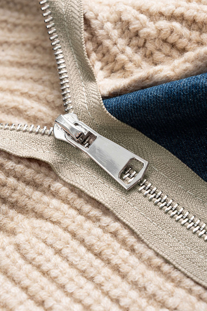 Knit Denim Patchwork Asymmetric Zipper Cardigan