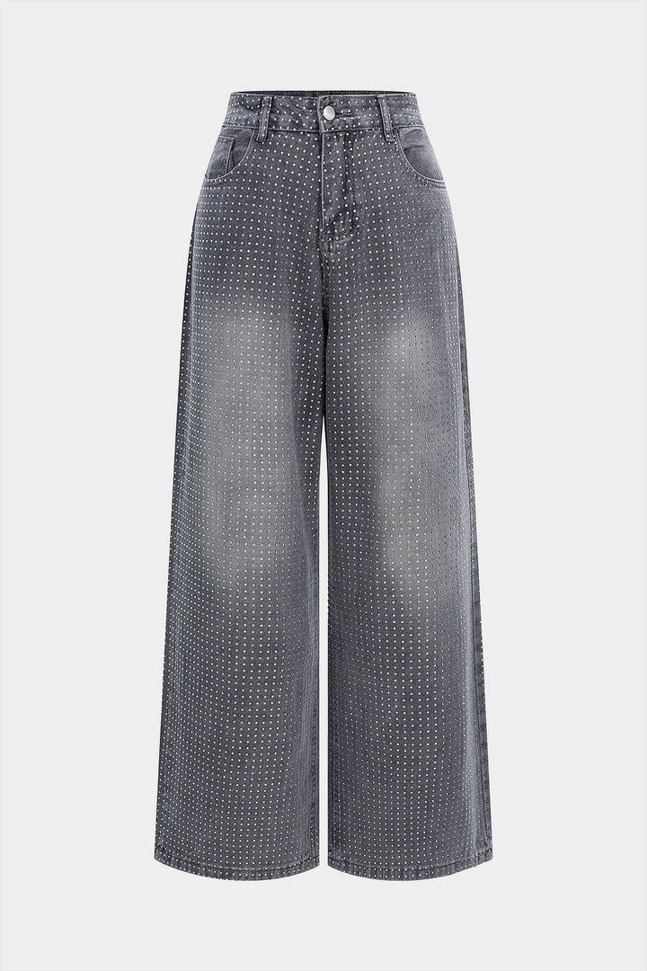 Denim Rhinestone High Waist Straight Leg Jeans