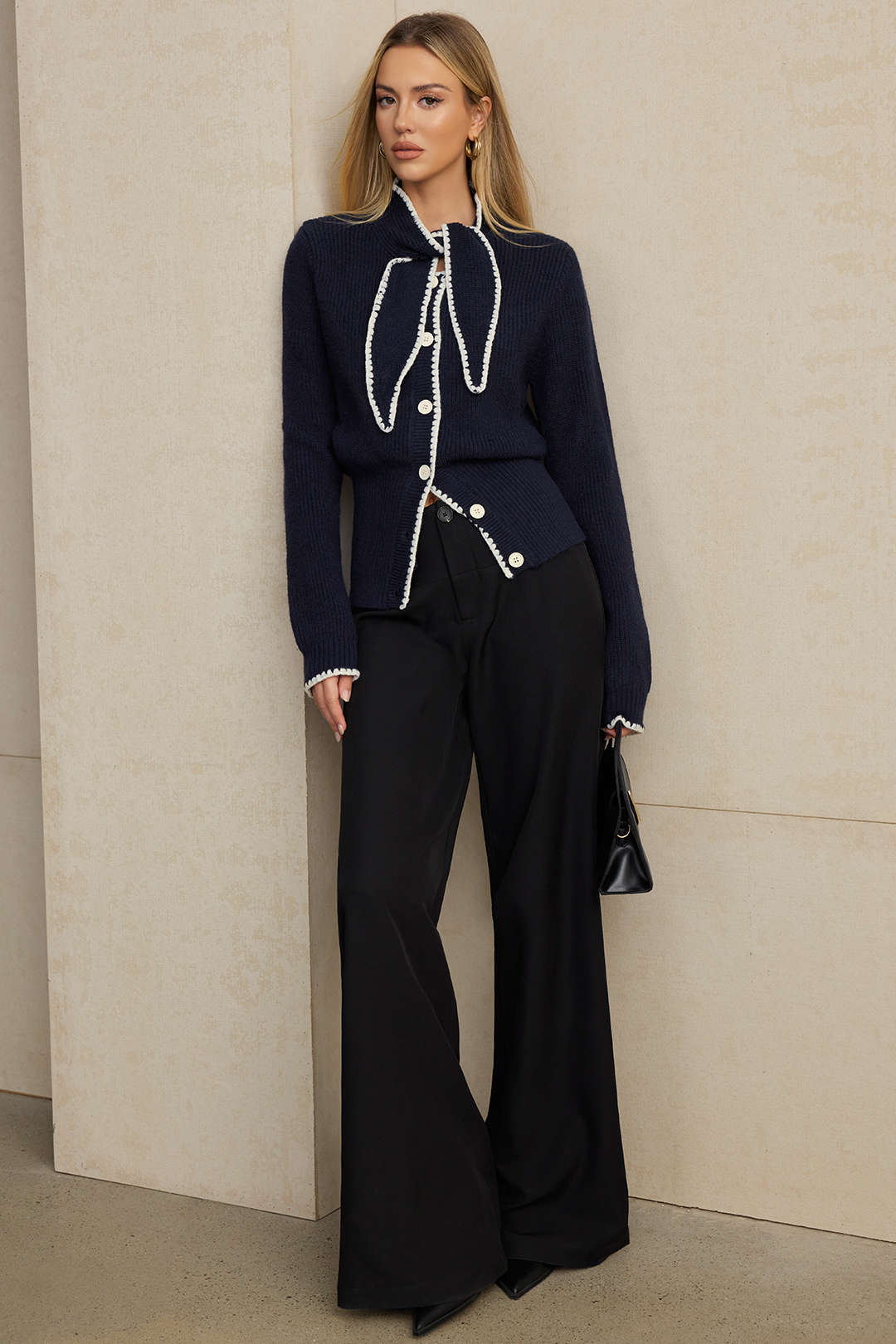 Knit Contrast Button Tie-Up Cardigan