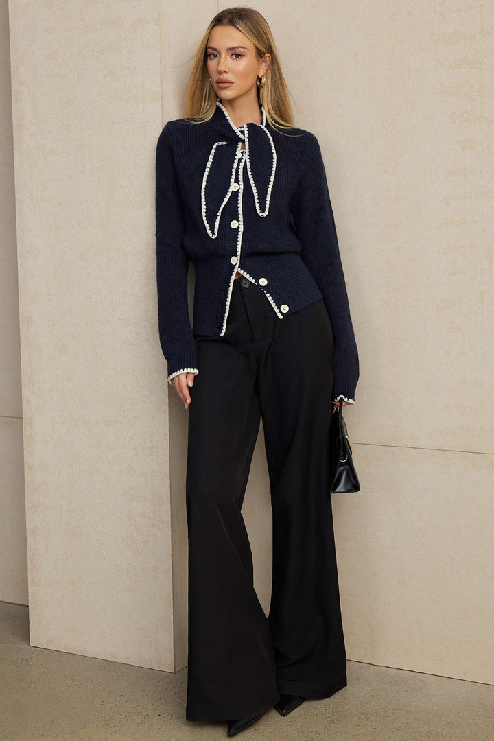 Knit Contrast Button Tie-Up Cardigan