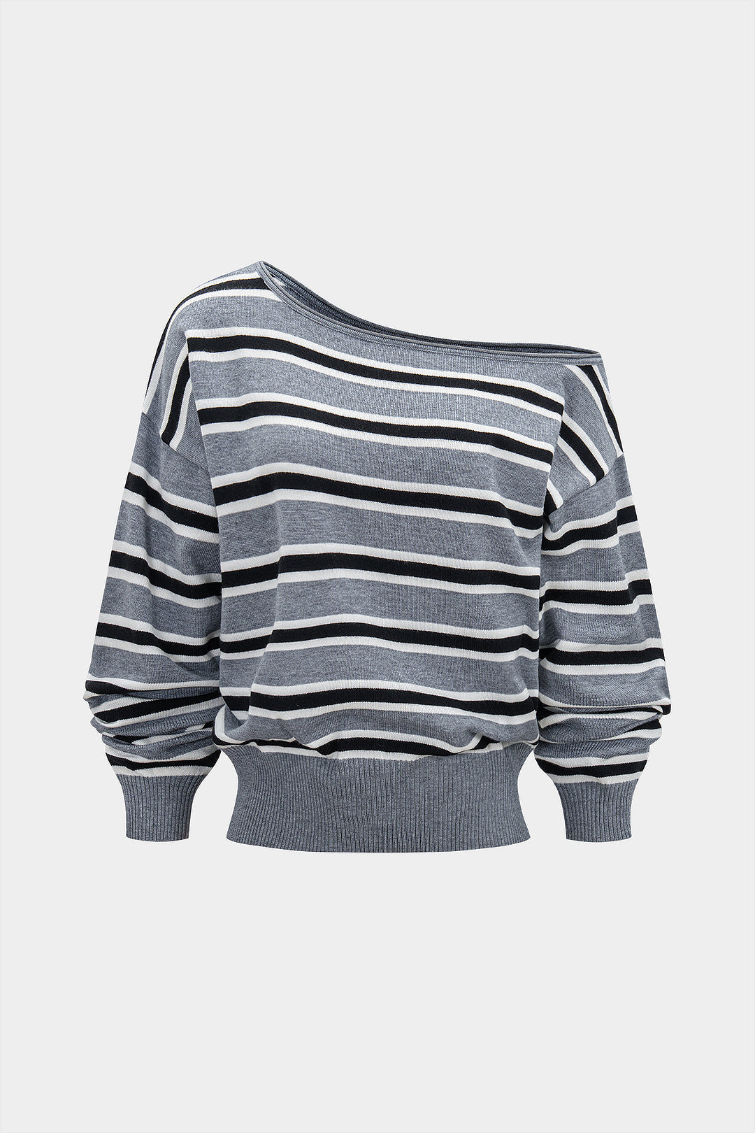 Knit Stripes Contrast Print One Shoulder Long-Sleeve Top
