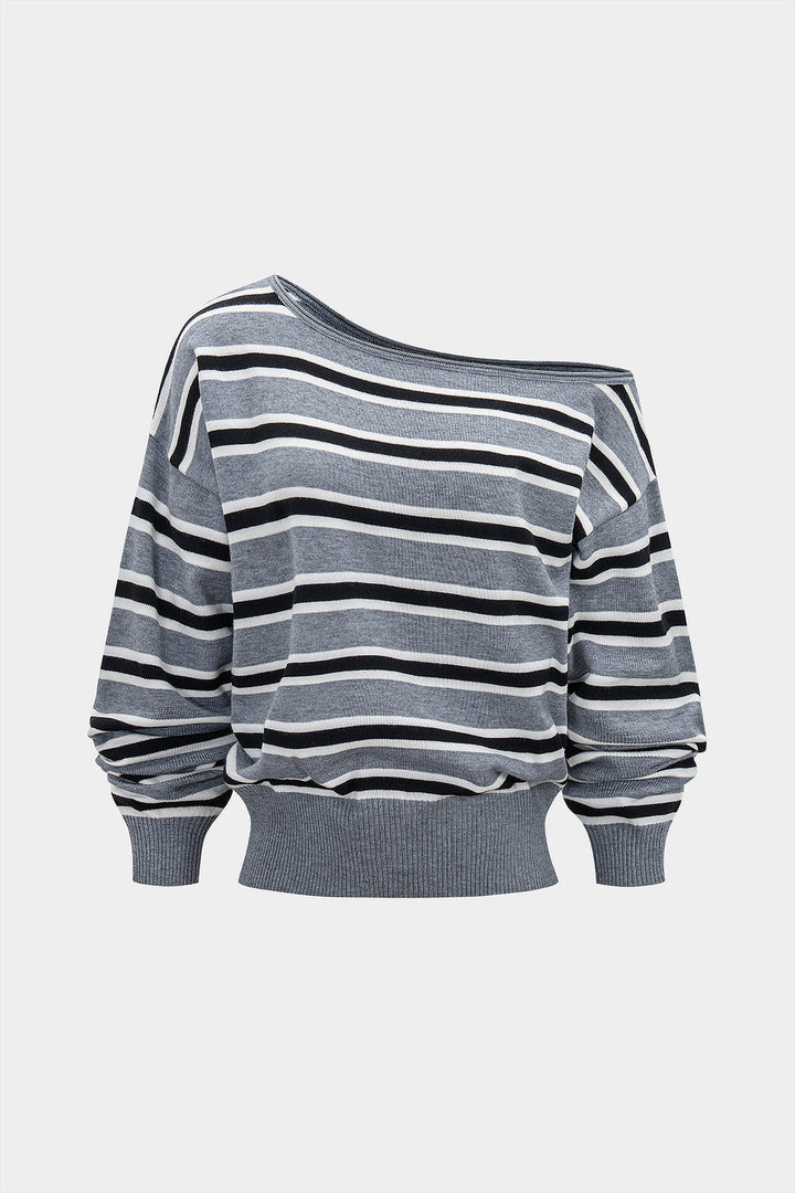 Knit Stripes Contrast Print One Shoulder Long-Sleeve Top