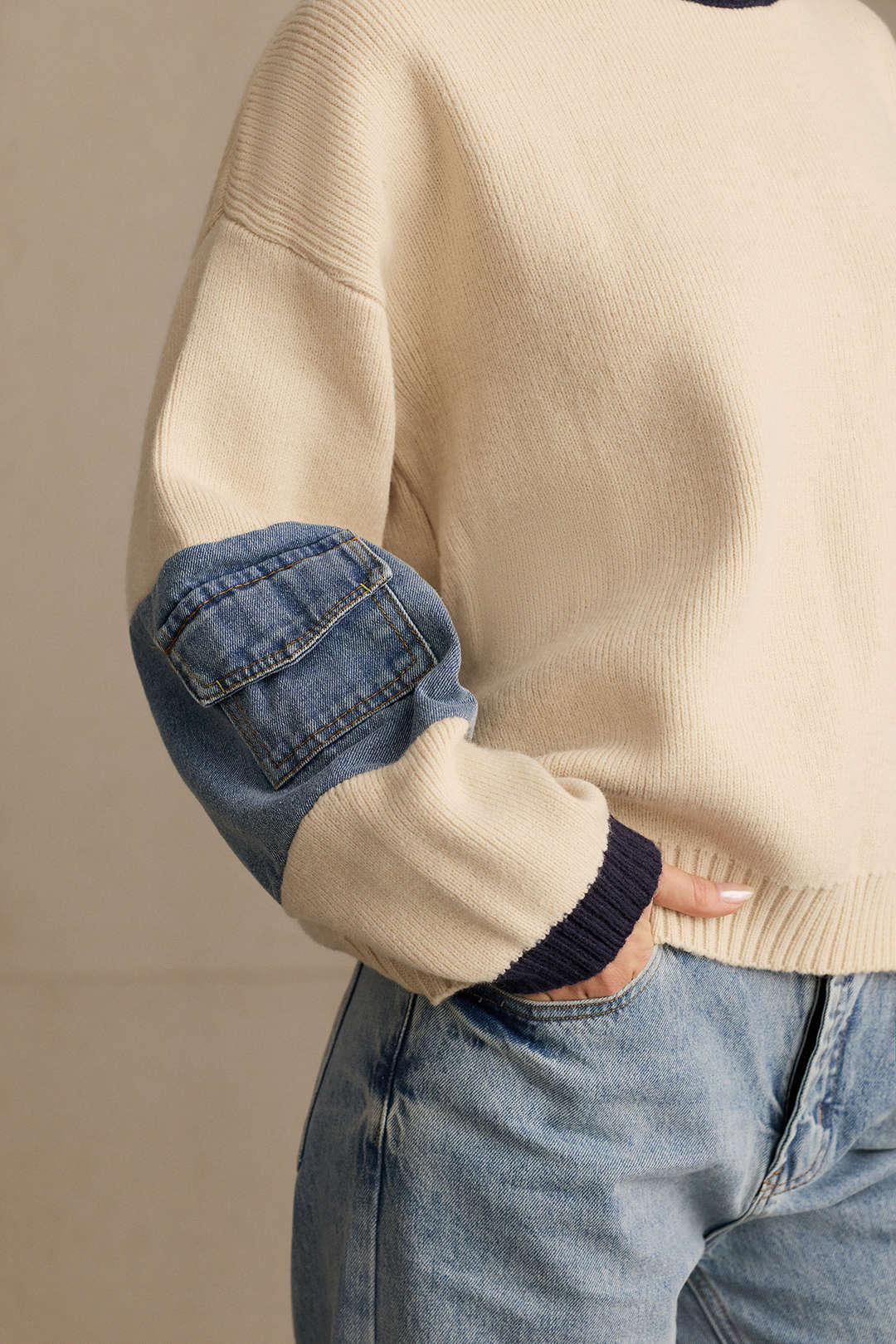 Knit Denim Patchwork Contrast Ribbed Long-Sleeve Top