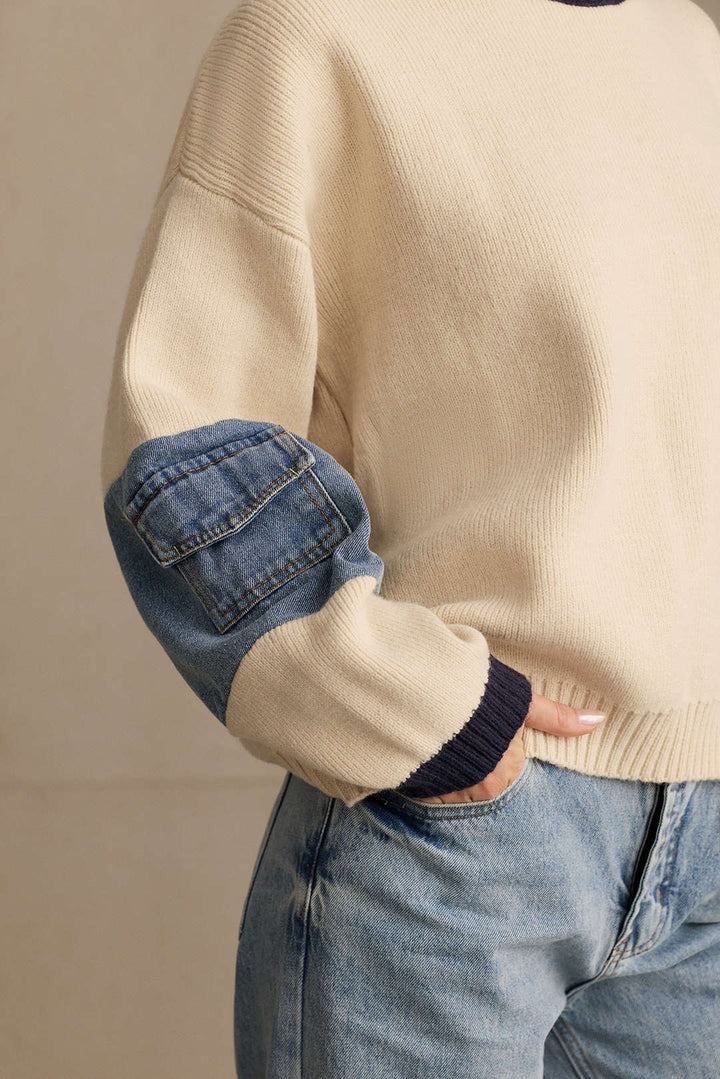 Knit Denim Patchwork Contrast Ribbed Long-Sleeve Top