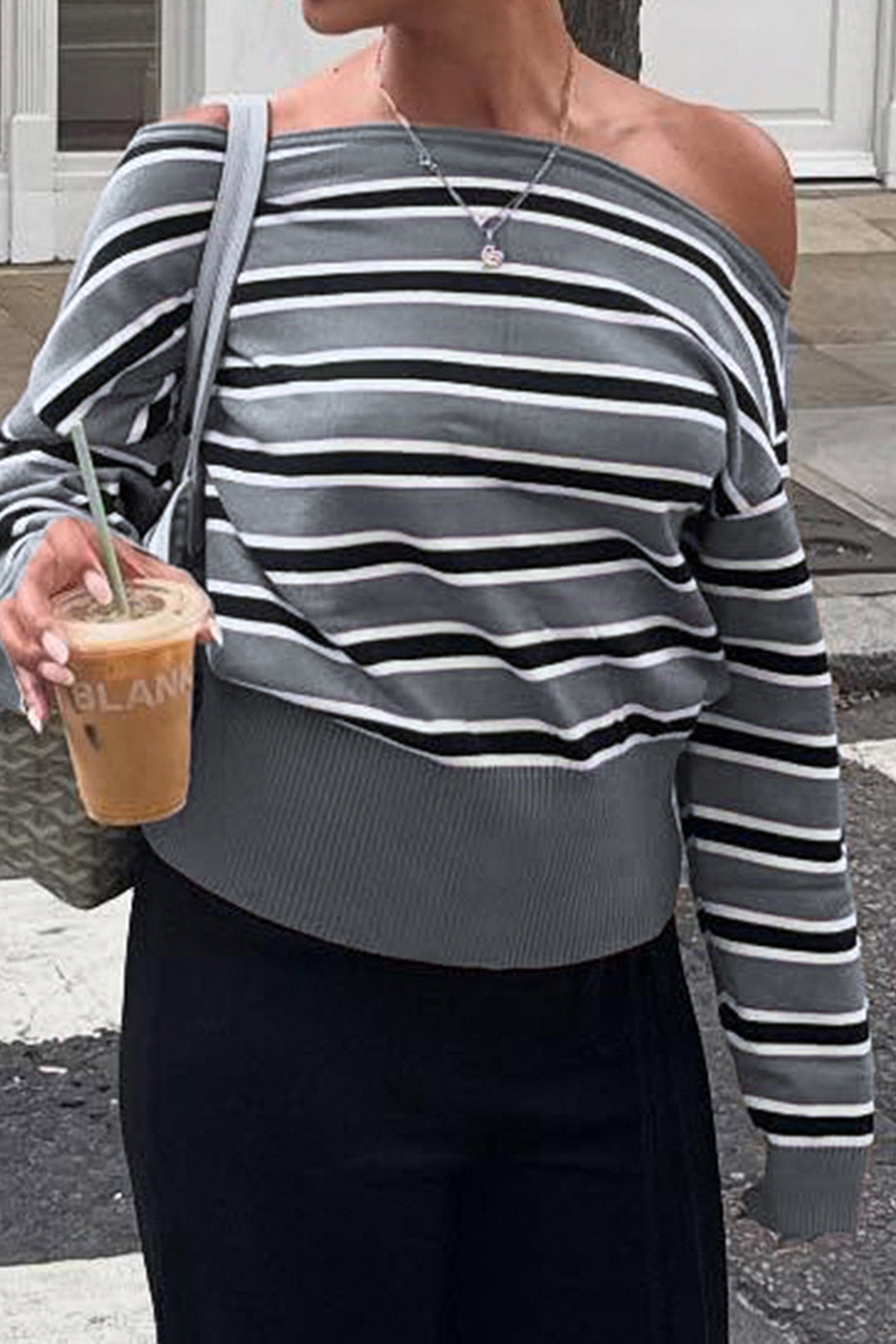 Knit Stripes Contrast Print One Shoulder Long-Sleeve Top