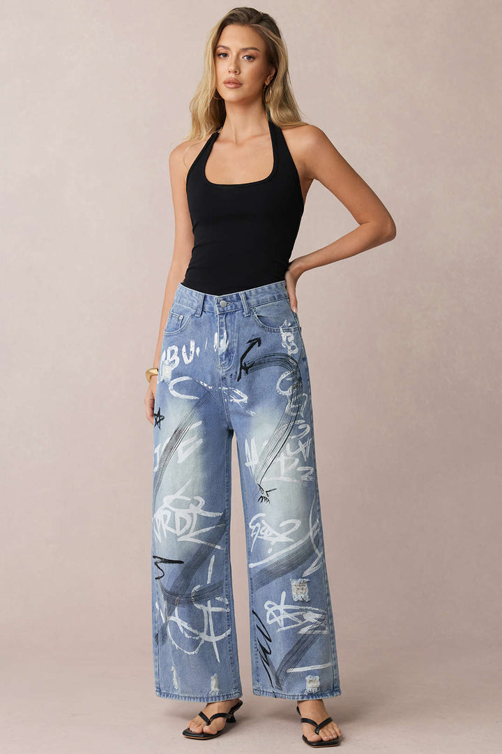 Denim Graffiti Print Zipper Straight Leg Jeans