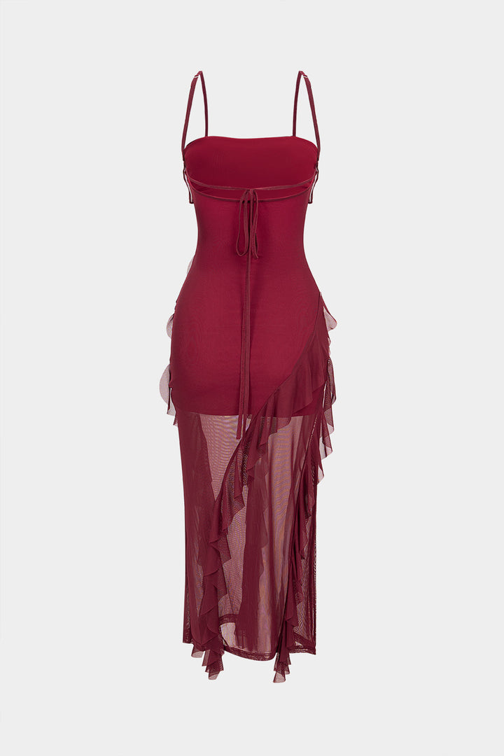 Mesh Patchwork Asymmetrical Ruffle Tie Back Sleeveless Maxi Dress