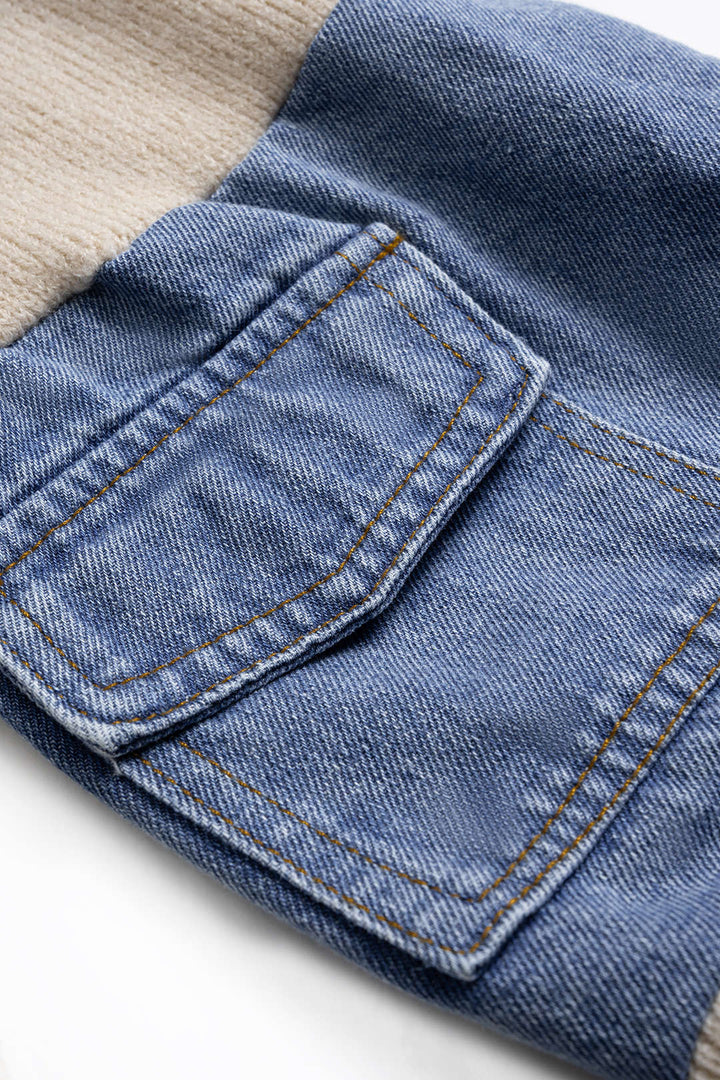 Knit Denim Patchwork Contrast Ribbed Long-Sleeve Top