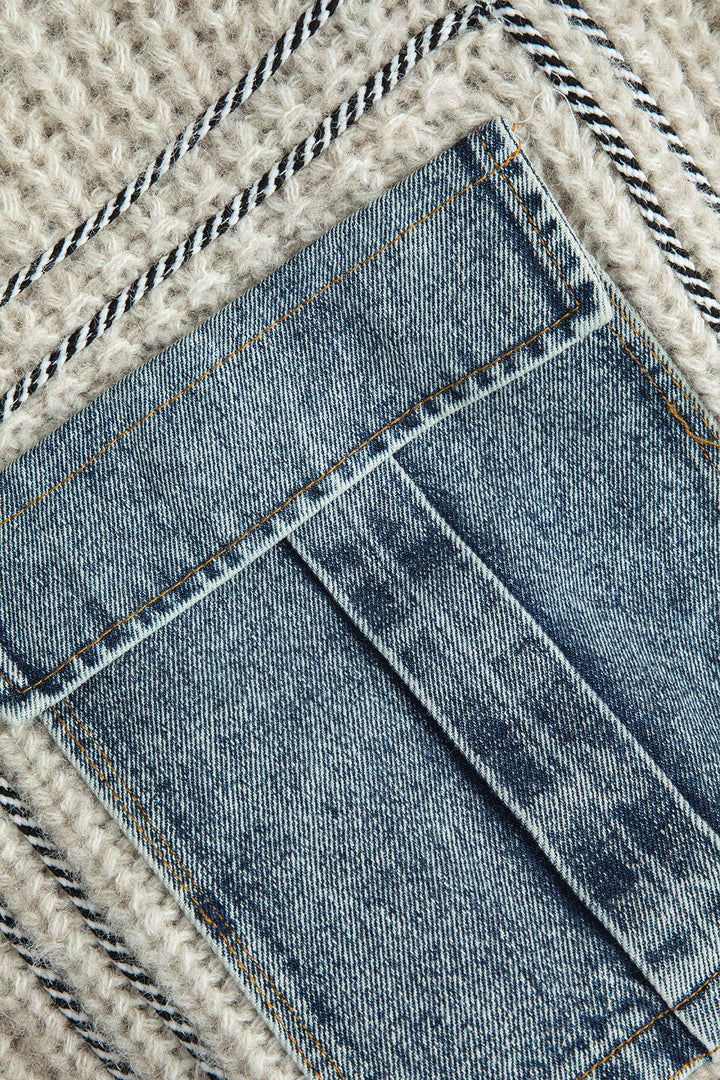 Denim Patchwork Button Pocket Sweater Cardigan