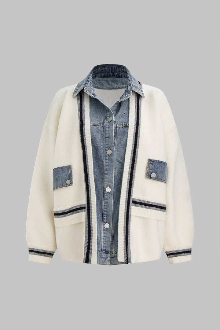 Knit Denim Patchwork Contrast Binding Cardigan