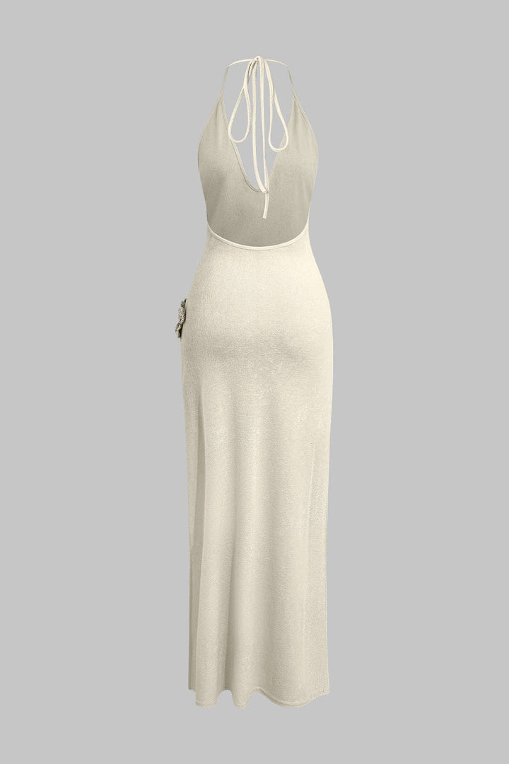 3D Floral V-Neck Backless Slit Maxi Dress