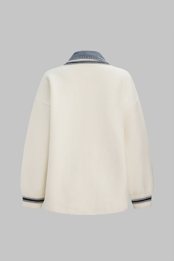 Knit Denim Patchwork Contrast Binding Cardigan