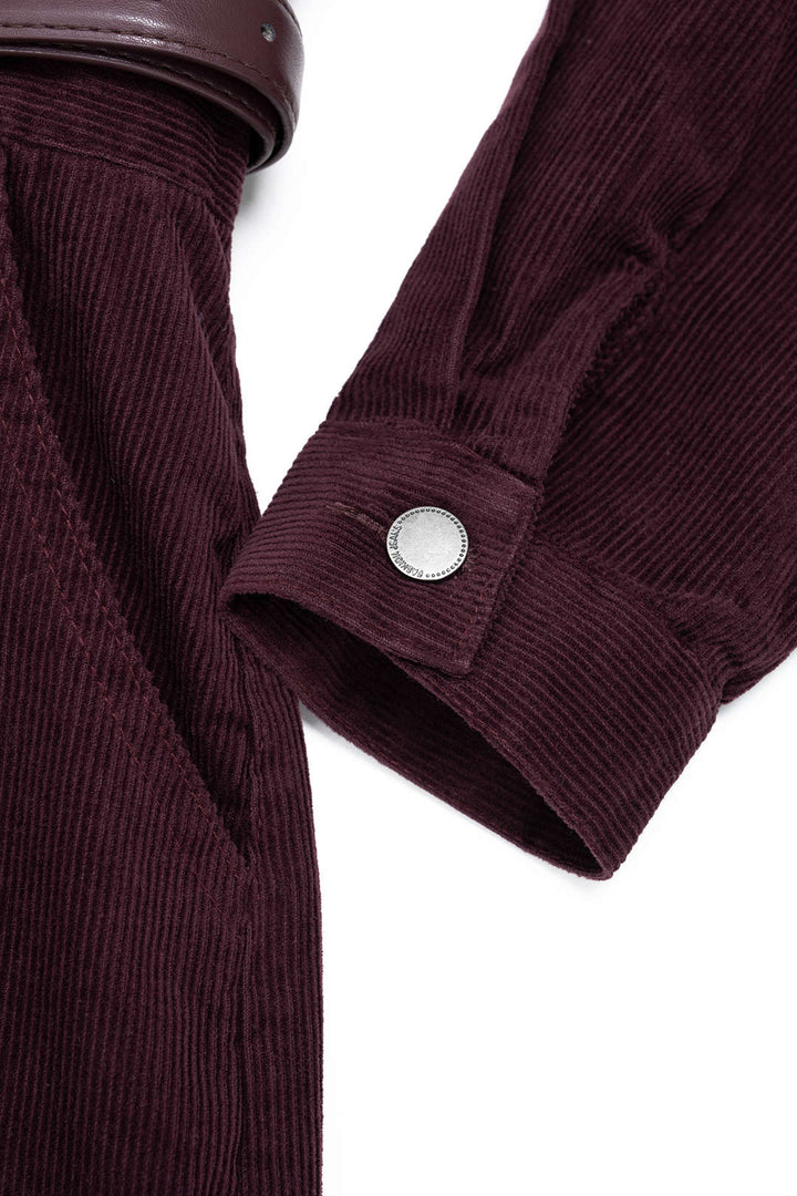 Corduroy Notched Lapel Button Pocket Belted Long Sleeve Dress