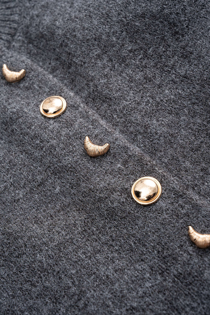 Knit Metallic Irregular Button Long-Sleeve Top With Scarf