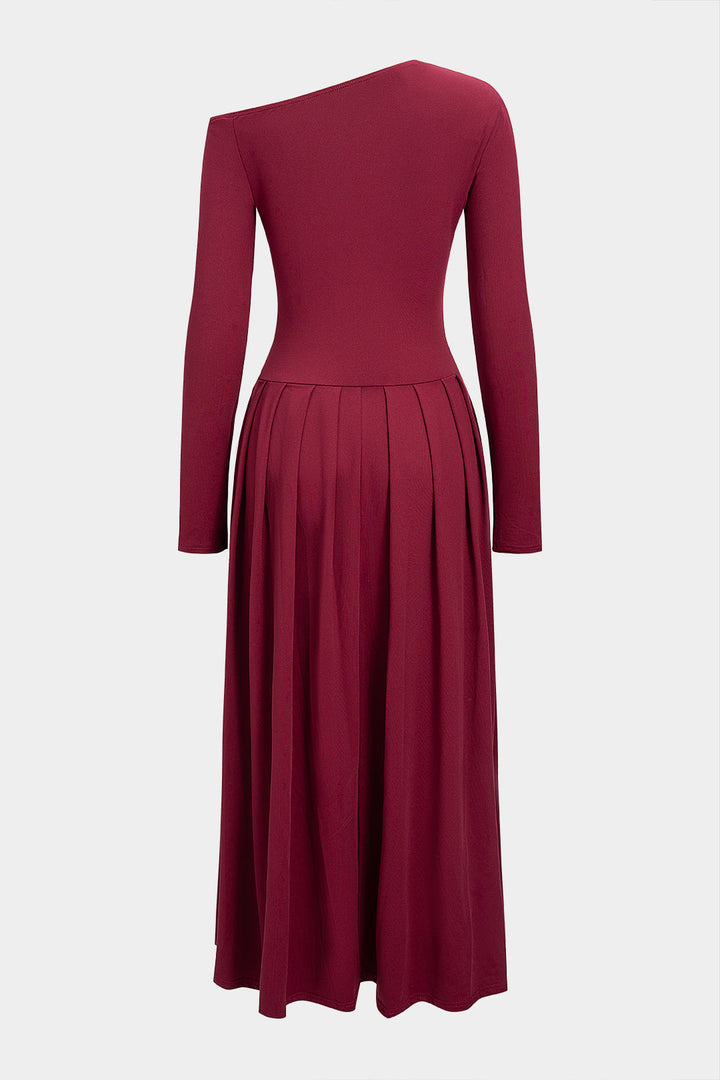 Asymmetrical Shoulder Pleated Long Sleeve Maxi Dress
