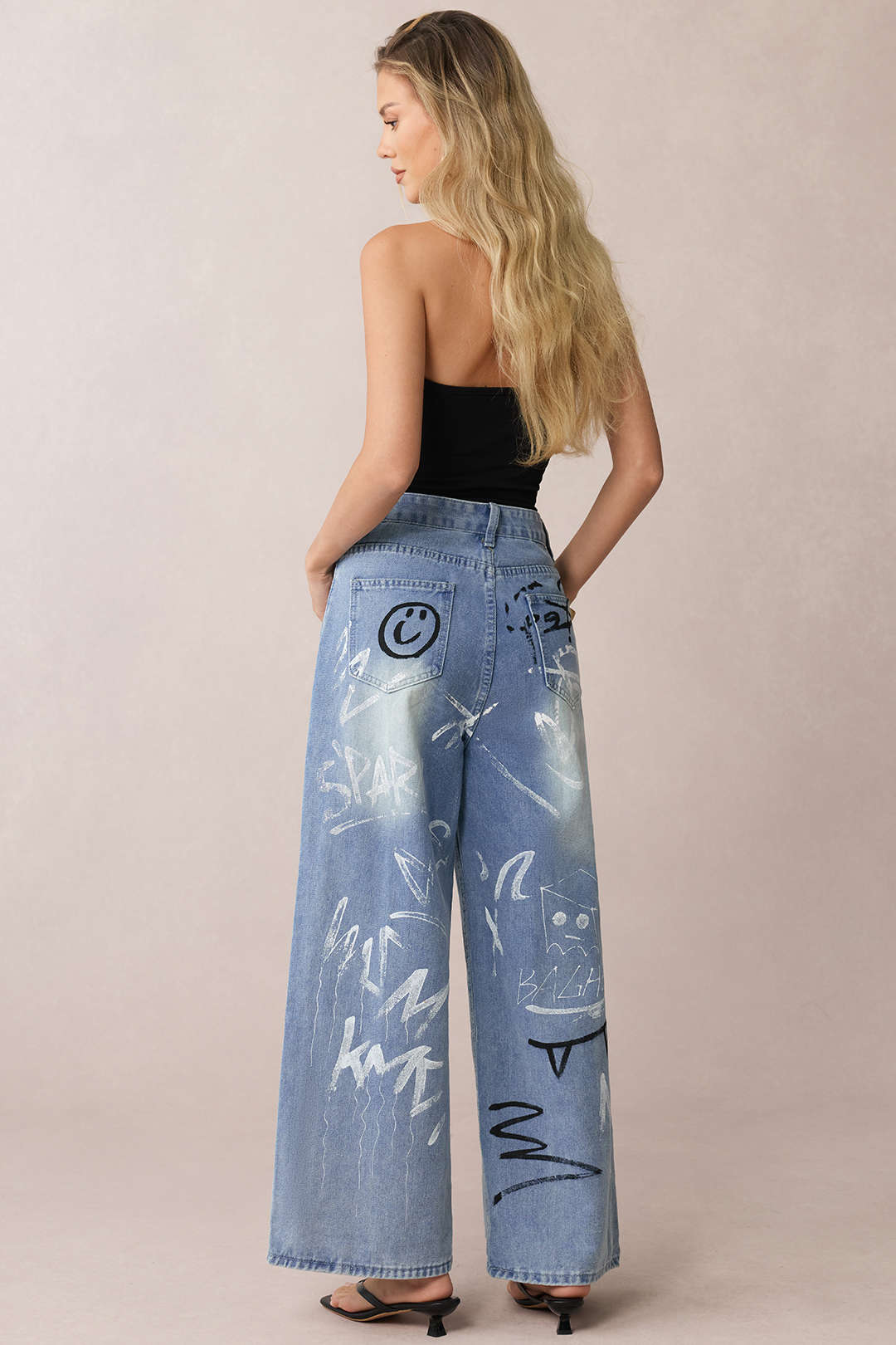 Denim Graffiti Print Zipper Straight Leg Jeans