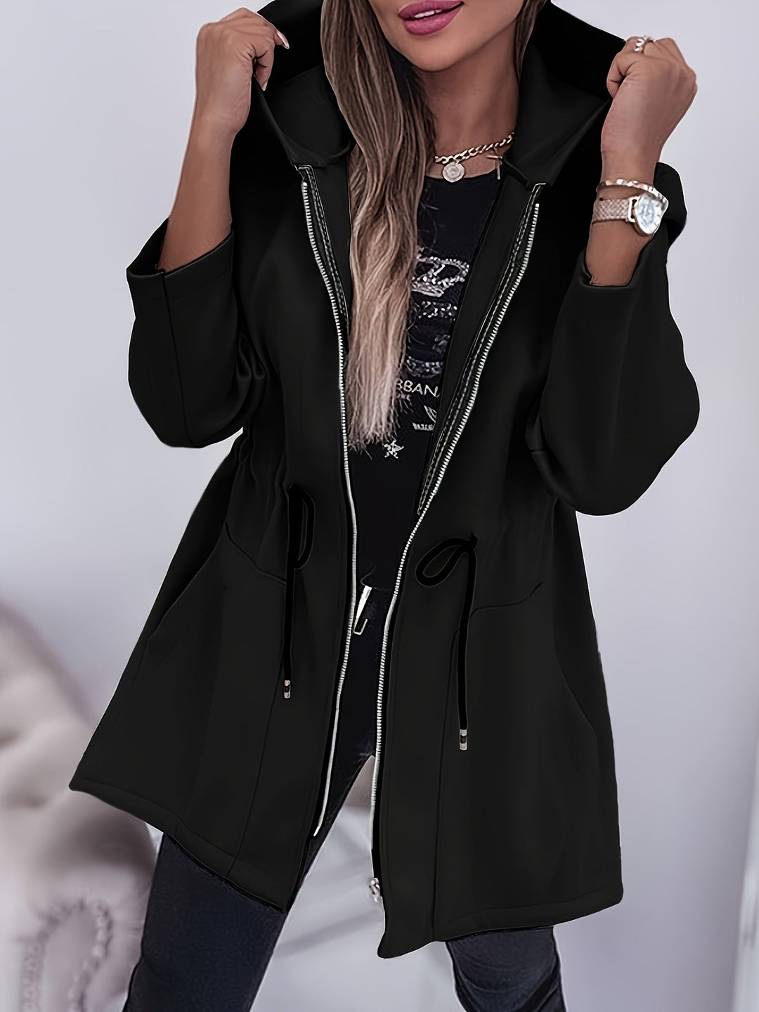 Valentina™ | Zip-Front Drawstring-Waist Hooded Parka Coat