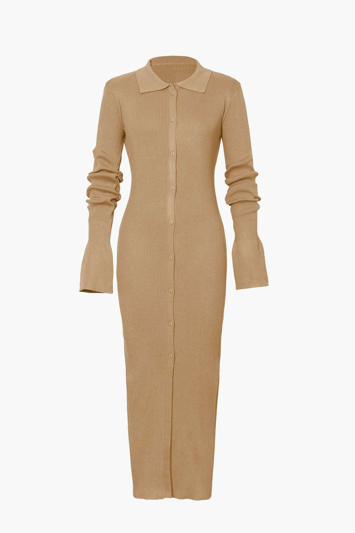 Shell Sleeve Ribbed Buttons Down Maxi Dress Mesh