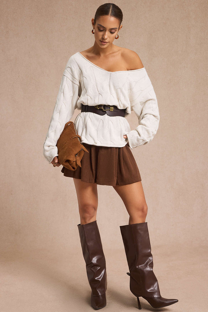 Cable Knit Asymmetrical Neck Long-Sleeve Top