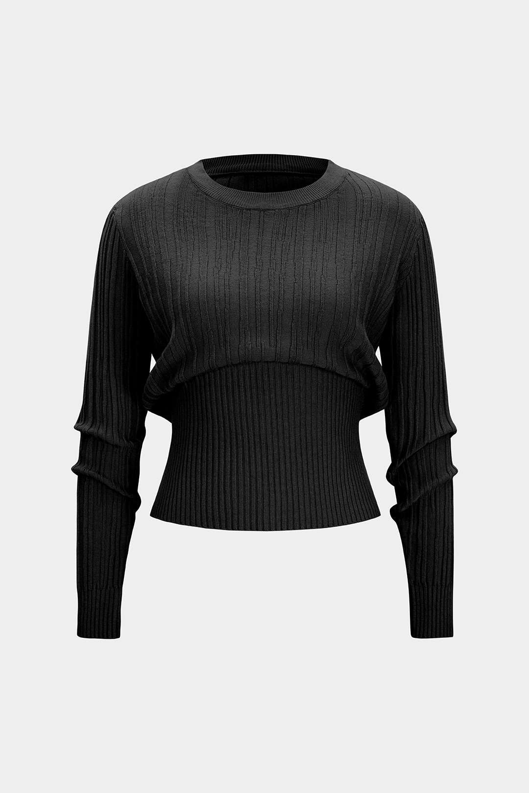 Knit Round Neck Waist-Cinching Long-Sleeve Top