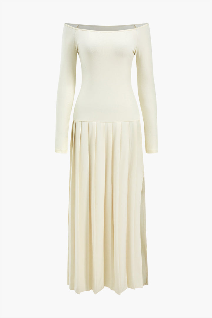 Pleated Off Shoulder Patchwork Side Slit Long Sleeve Maxi Dress